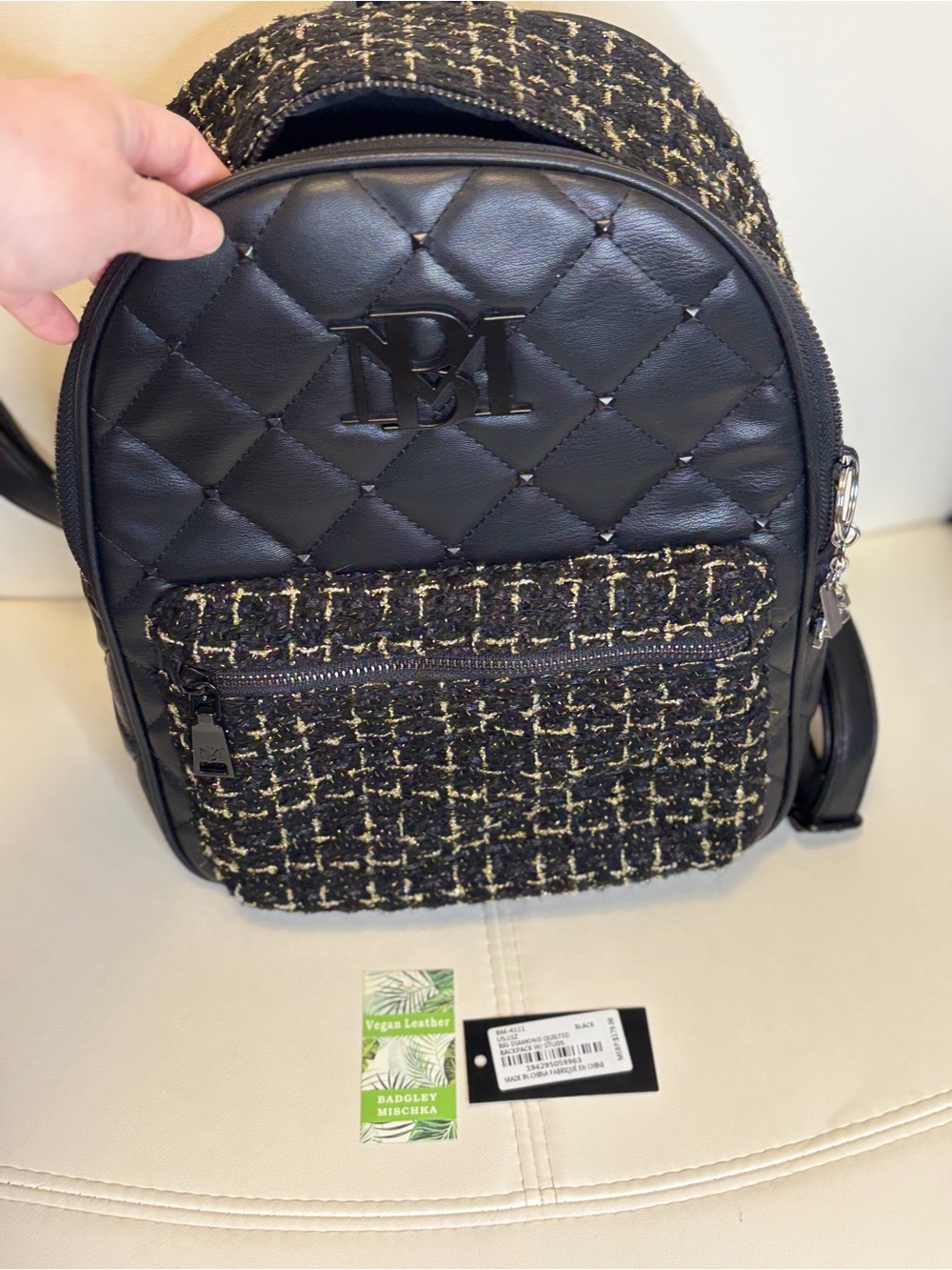 Badgley Mischka Black Quilted Vegan Leather & Tweed Mini Backpack